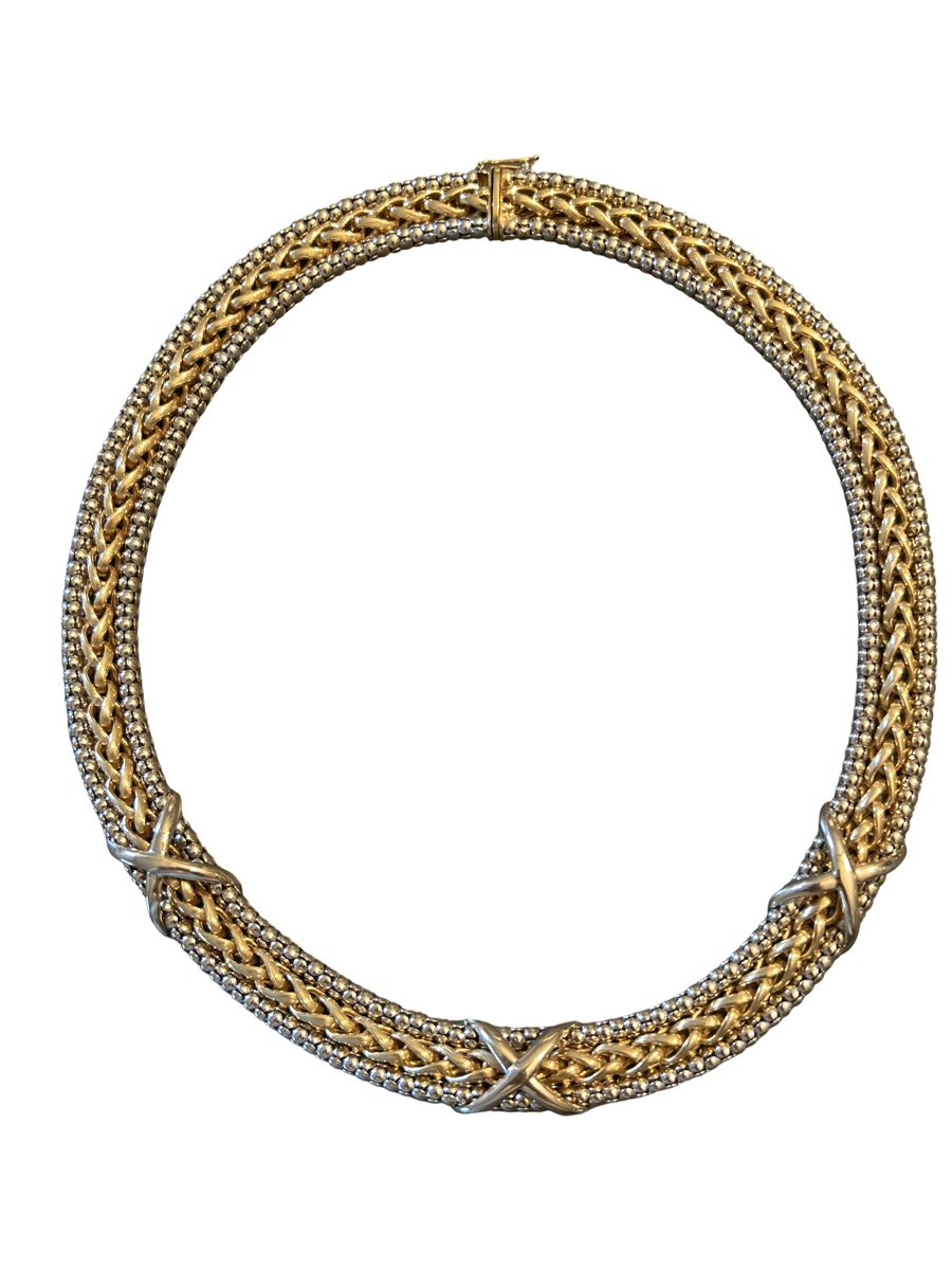 Two-tone woven gold collar necklace with X motifs